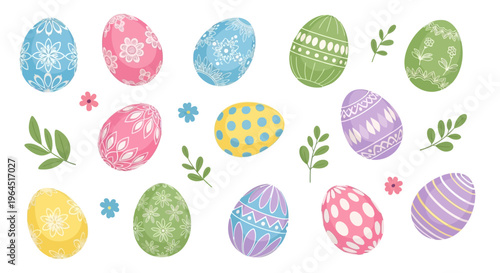 Colorful Easter eggs and decorations on a white background, featuring various patterns and designs for Easter celebration and business events.