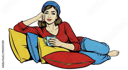 Young woman relaxing on colorful pillows and sipping a drink  