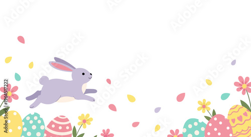 Easter celebration illustration of a rabbit jumping over colorful eggs and flowers on a white background with decorative elements.