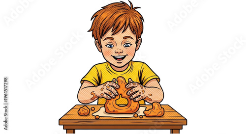 Young boy smiling while molding clay at a wooden table  