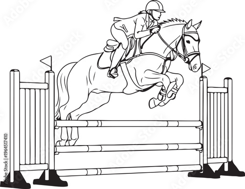 Equestrian sports illustration of a rider on a horse jumping over an obstacle in a competition  equestrianism  horse jumping