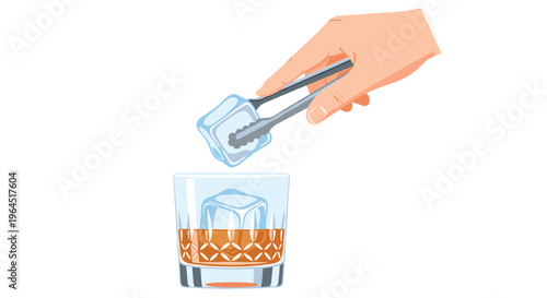 A hand is precisely adding a clear ice cube into a crystal glass filled with amber liquid using metal tongs, preparing a cold beverage.