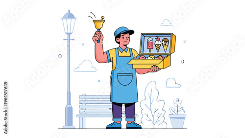 Ice Cream Vendor: An ice cream vendor with various flavors of ice cream, ringing a bell to attract customers, creating a nostalgic feeling and summertime vibe.