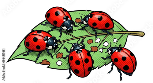 Group of ladybug beetles on green leaf with white spots  