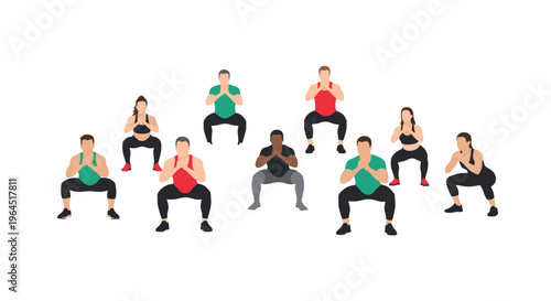 A diverse group of nine individuals, both men and women, are actively performing squats in athletic attire as part of a fitness workout.