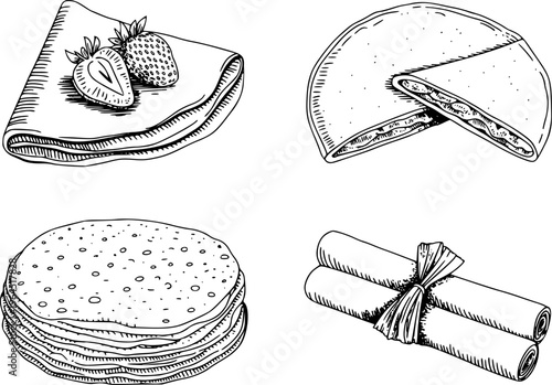 Hand Drawn Collection Of Crepes Pancakes And Strawberries White Background strawberry