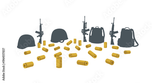 Golden bullet casings are scattered in the foreground, with dark silhouettes of military helmets, rifles, and backpacks behind them.