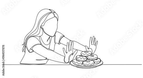 Woman pushing away plate of donuts on table in minimalist style  