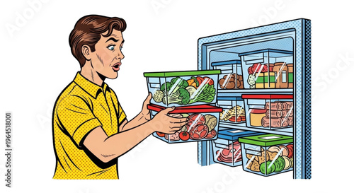 Man organizing food storage containers in refrigerator with surprise  