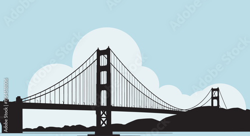Minimalist golden gate bridge illustration silhouette over water and a cloudy sky