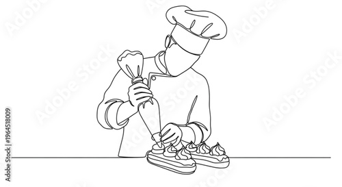 Pastry chef piping cream onto éclairs in minimalist line art style  
