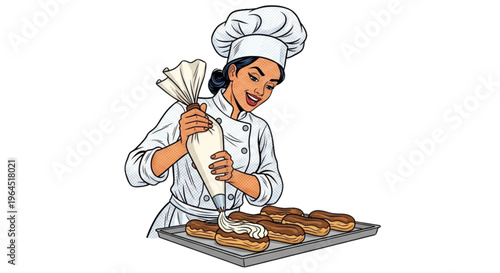 Female pastry chef decorating éclairs with cream on a baking tray  