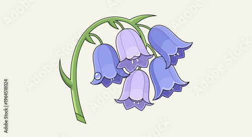 A stylized illustration features bluebell flowers with green stem against a light backdrop