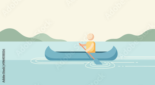 A flat-design illustration depicts a person canoeing on calm water. Hills and sky in background