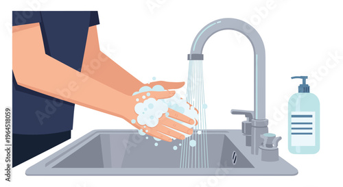 A close-up depicts hands thoroughly washing with rich soap bubbles under a modern faucet in a grey sink, with a dispenser nearby.