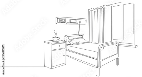 Hospital room interior with bedside table and tea cup on surface  