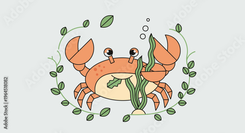 A cartoon crab with seaweed, bubbles, and a leaf-vine border