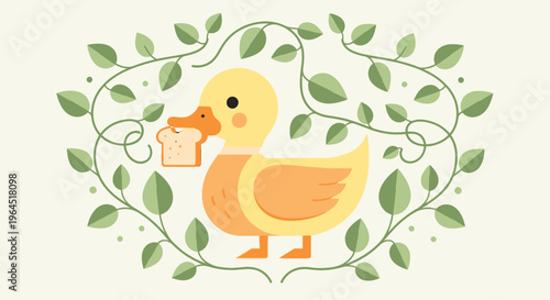 A whimsical cartoon duck holding bread, framed by green leaves, set against a cream background