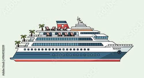 A cartoon cruise ship illustration with palm trees and deck chairs, labeled "RESORT