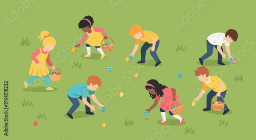 A cheerful flat design illustration depicting diverse children enjoying an Easter egg hunt in a sunny park, collecting colorful eggs in their baskets. 
