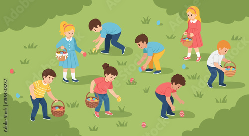 A cheerful flat design illustration depicting diverse children enjoying an Easter egg hunt in a sunny park, collecting colorful eggs in their baskets. 