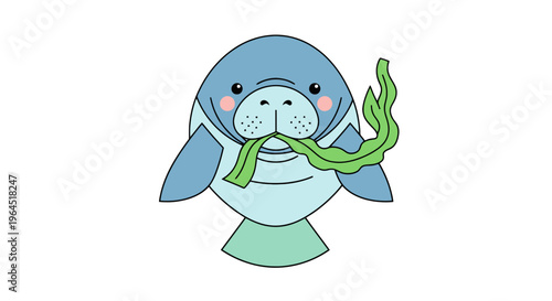 A cartoon manatee, light blue with darker blue accents, eats green seaweed, on white