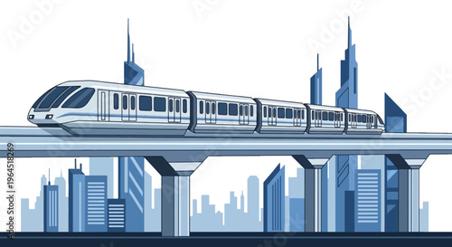 A futuristic monorail travels above a city skyline