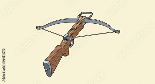 An illustration depicting a wooden and metal crossbow on a light yellow background