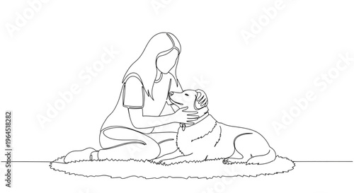 Woman petting dog while sitting on fluffy rug indoors  