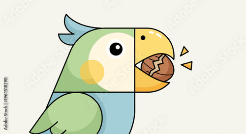 Geometric parrot biting a nut, stylized, with pastel colors, against a cream background