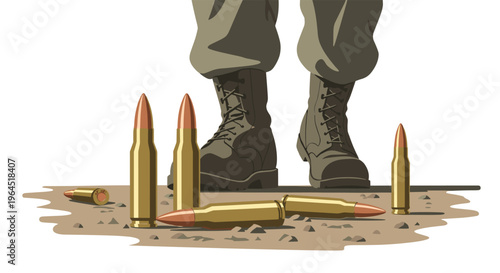 A pixelated illustration captures a person's lower legs in military boots standing on a dirt ground surrounded by five large golden rifle cartridges.
