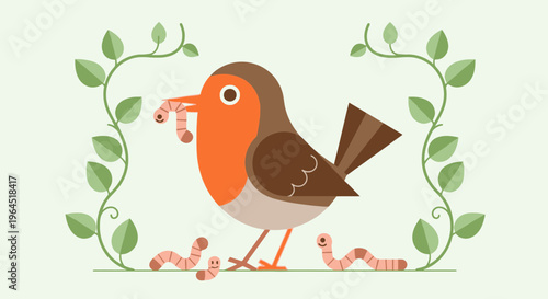 A stylized bird with a red breast is eating a worm; vines surround it, and worms lie below