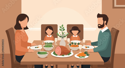 A heartwarming flat design illustration depicting an American family enjoying a traditional Easter dinner together, featuring classic holiday foods. 