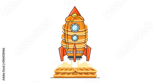 A rocket-shaped structure of pancakes and syrup, with waffles as the base. Butter on top