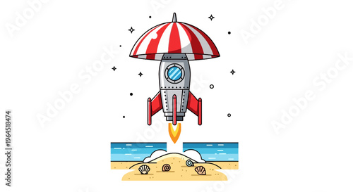 A rocket with a striped umbrella top takes off from a beach. Stars surround it