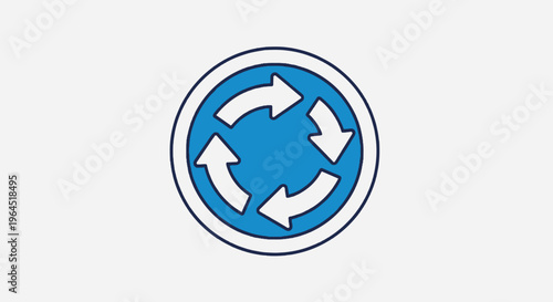 A blue circular symbol with white arrows rotating clockwise on a light grey background