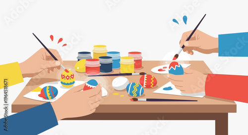 A charming flat design illustration depicting an adult and child's hands decorating Easter eggs, highlighting a beloved American holiday tradition.