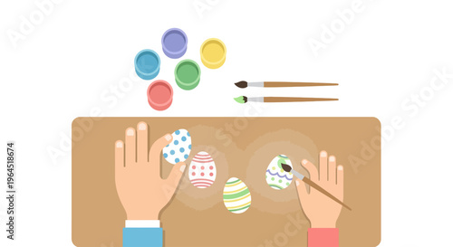 A charming flat design illustration depicting an adult and child's hands decorating Easter eggs, highlighting a beloved American holiday tradition.