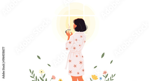 A woman in a white floral robe stands with her back to the viewer, holding a steaming cup and looking out a bright circular window.