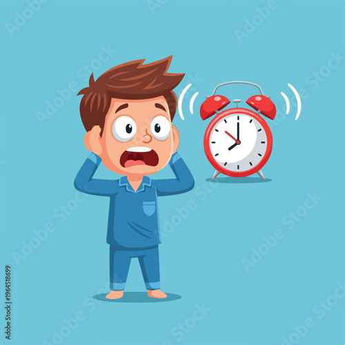 Man waking up late to alarm clock ringing loudly in morning