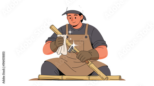 Artisan at Work: An artisan meticulously cleans and prepares bamboo poles, showcasing craftsmanship and dedication to detail.
