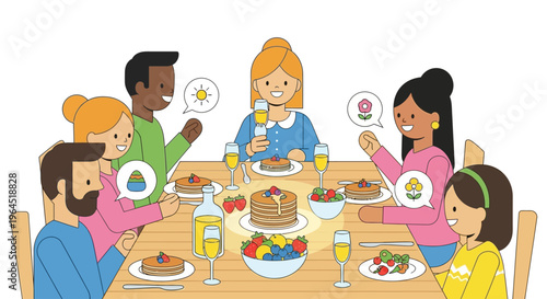 A vibrant flat design illustration of a diverse American family enjoying a festive Easter brunch, complete with delicious food and joyful conversation. 