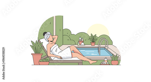A woman wrapped in a white towel and head wrap relaxes on a lounge chair beside a swimming pool, surrounded by plants and spa items.
