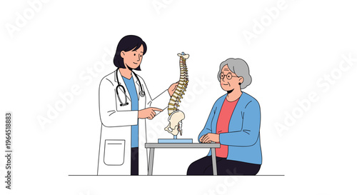 A female doctor in a white coat is explaining a human spine and pelvis model to an elderly female patient seated at a desk.