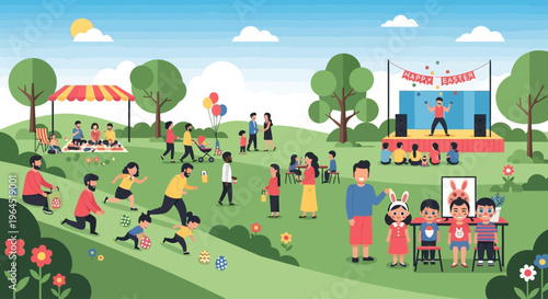 A lively flat design illustration showcasing a diverse community celebrating Easter in a bustling park, enjoying various family-friendly activities. This clean and modern 2D vector highlights inclusiv