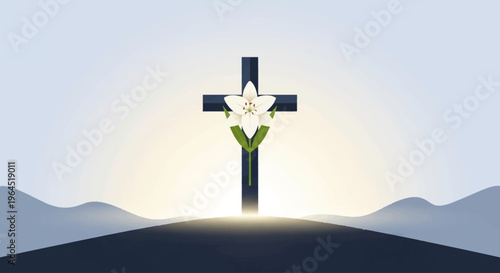 A profound flat design illustration featuring key religious Easter symbols: a cross entwined with a white lily against a serene sunrise background. 