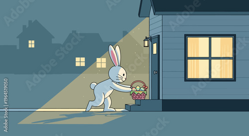 A whimsical flat design illustration of the Easter bunny delivering a basket filled with treats to a suburban American doorstep, capturing the magic and excitement of the holiday.