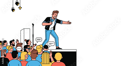A male comedian on stage, holding a microphone and gesturing, performs for an enthusiastic and diverse audience with speech bubbles.