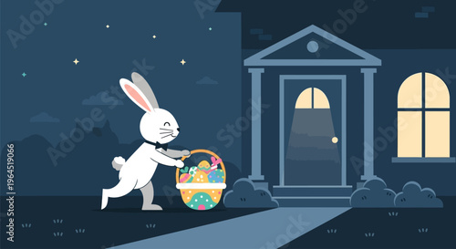 A whimsical flat design illustration of the Easter bunny delivering a basket filled with treats to a suburban American doorstep, capturing the magic and excitement of the holiday.