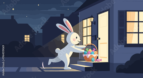 A whimsical flat design illustration of the Easter bunny delivering a basket filled with treats to a suburban American doorstep, capturing the magic and excitement of the holiday.